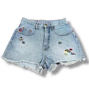 Vintage Y2K l.e.i. Denim Cutoff Shorts Bee Flower Embroidered Frayed Hem Size 7‎